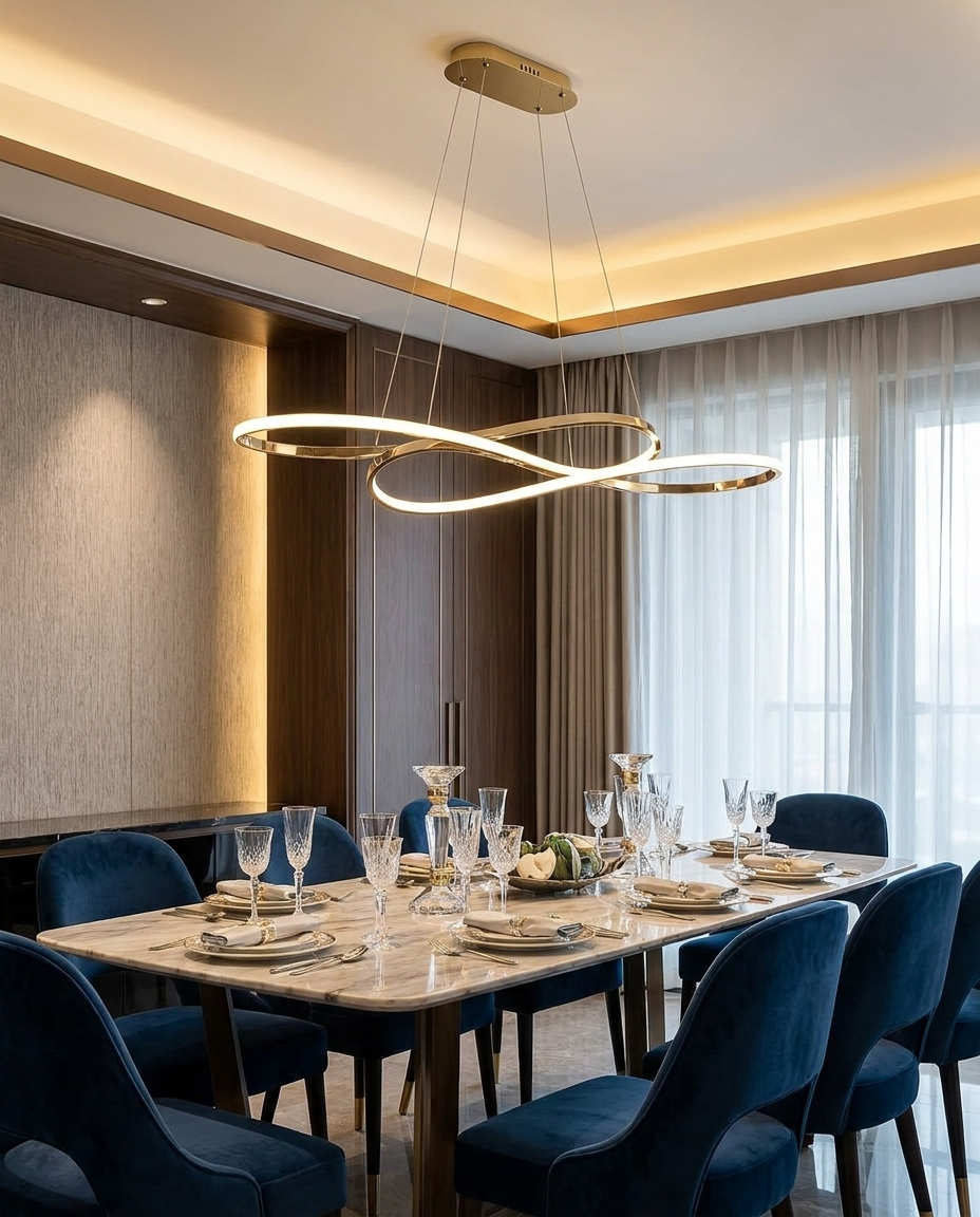 Vellora gold infinity chandelier over a luxury dining table