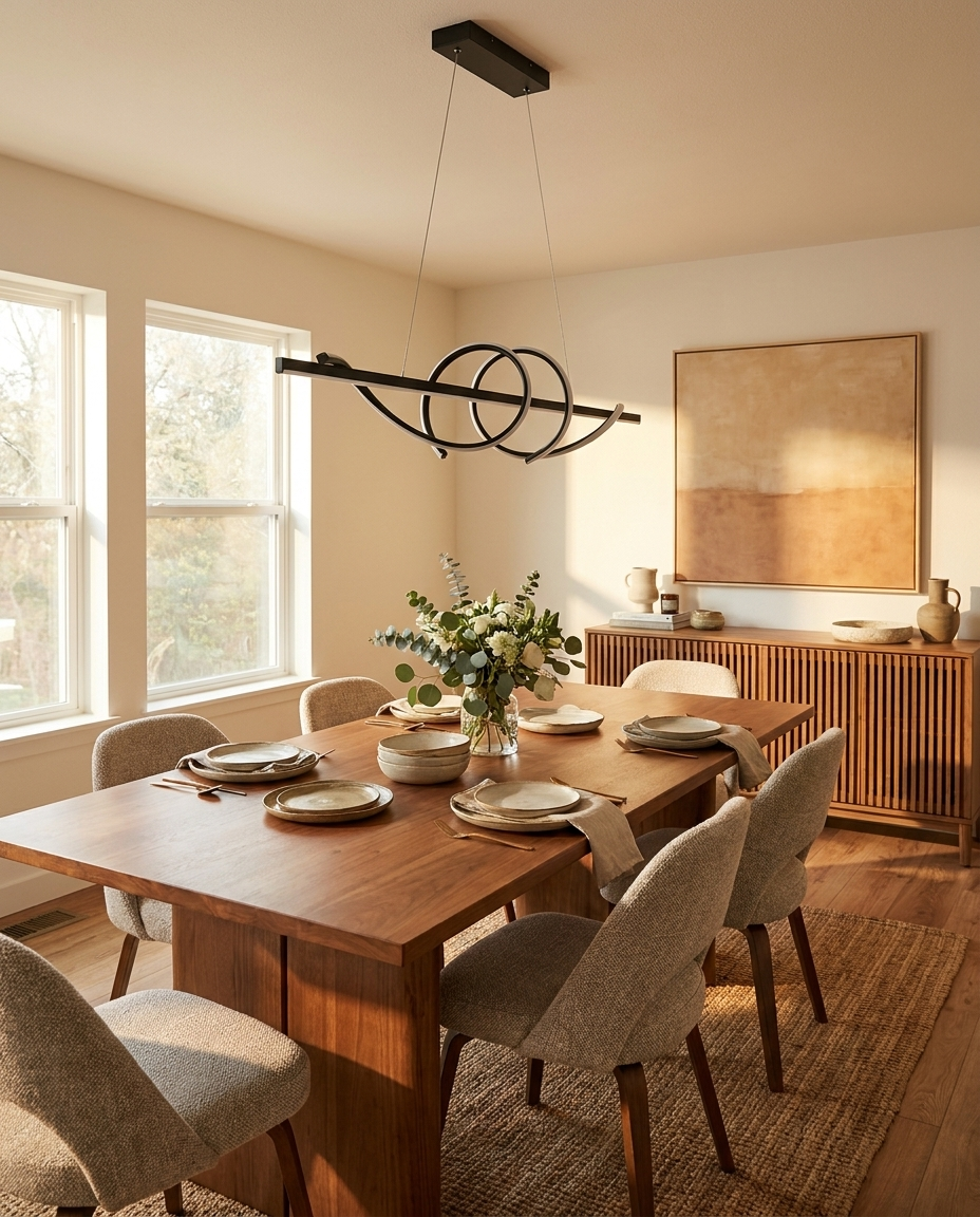 Calyx black Nordic chandelier over a dining table