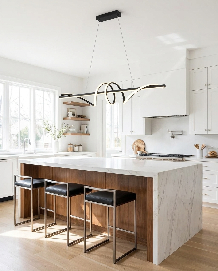 Calyx black Nordic chandelier over a kitchen island