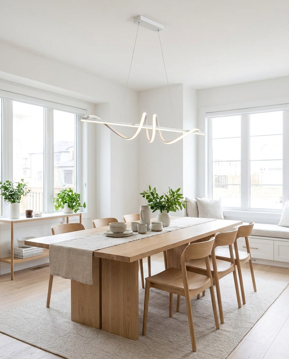 Calyx white Nordic chandelier over a Scandinavian dining table