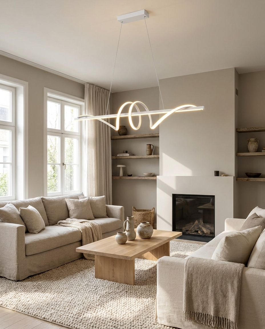Calyx white Nordic chandelier in a neutral living room