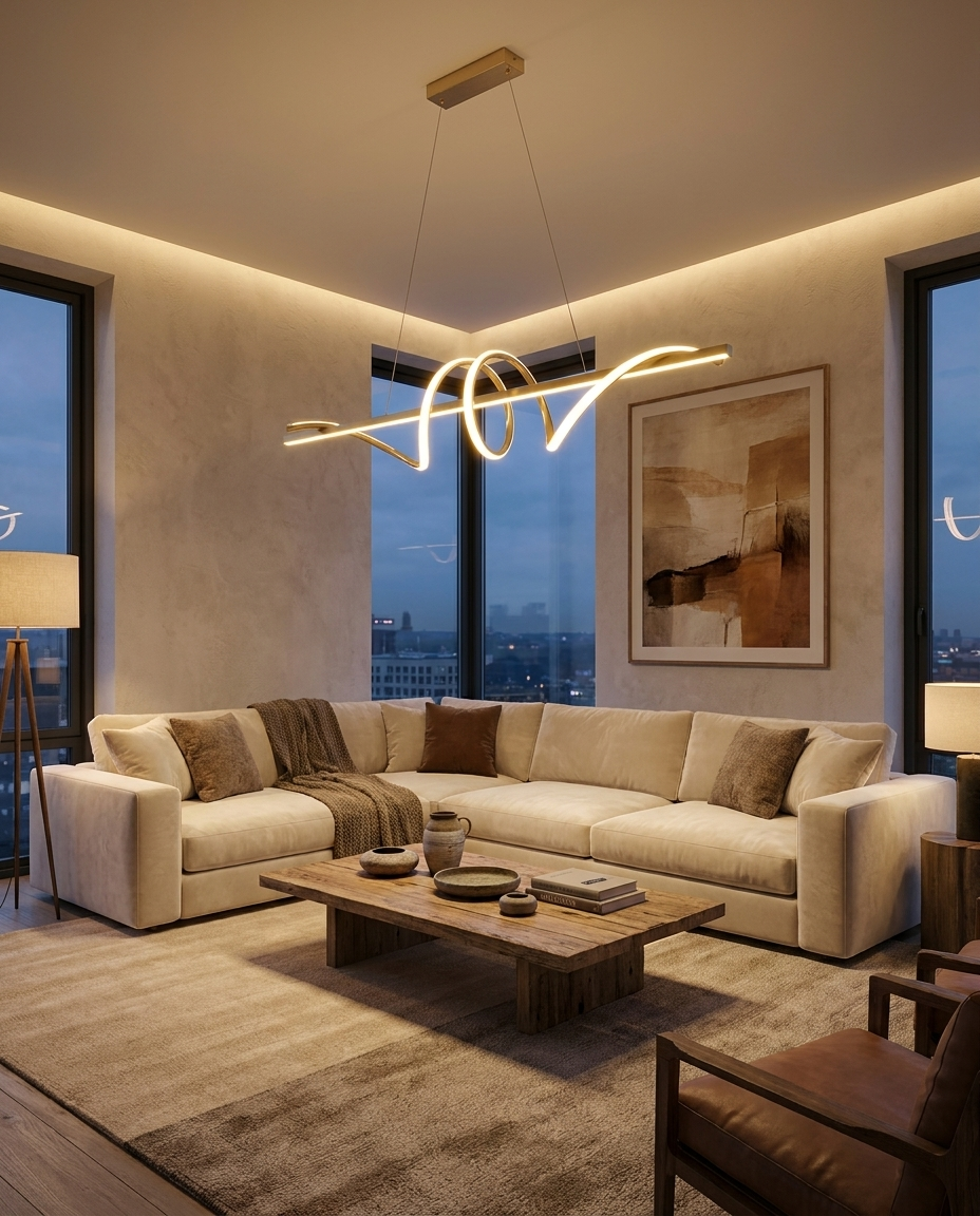 Calyx gold Nordic chandelier in an upscale living room