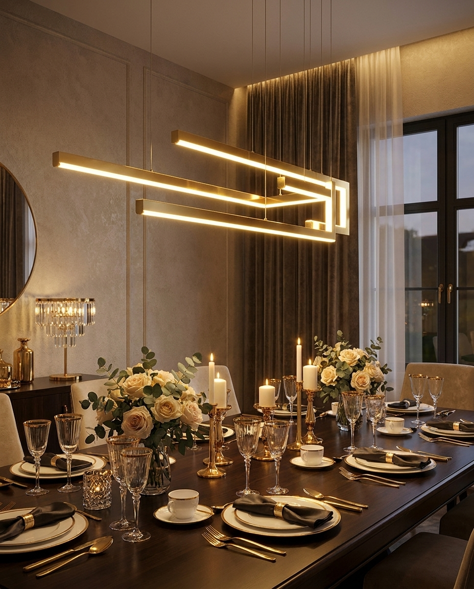 Seryn gold linear chandelier over a formal dining table