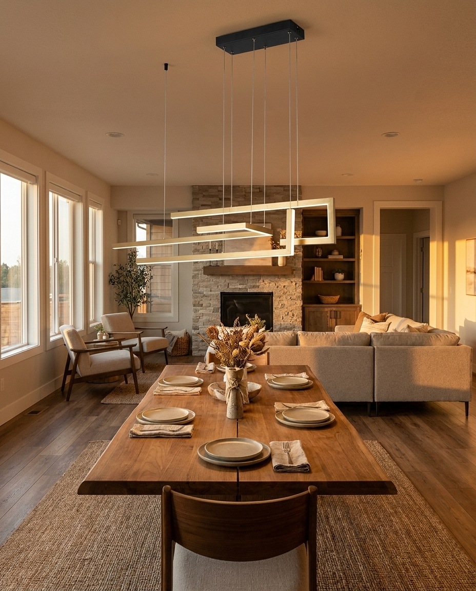 Seryn gold linear chandelier over a stylish dining table