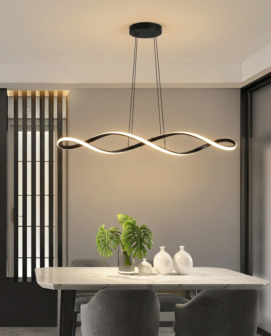 Novene black waveform pendant over a dining table