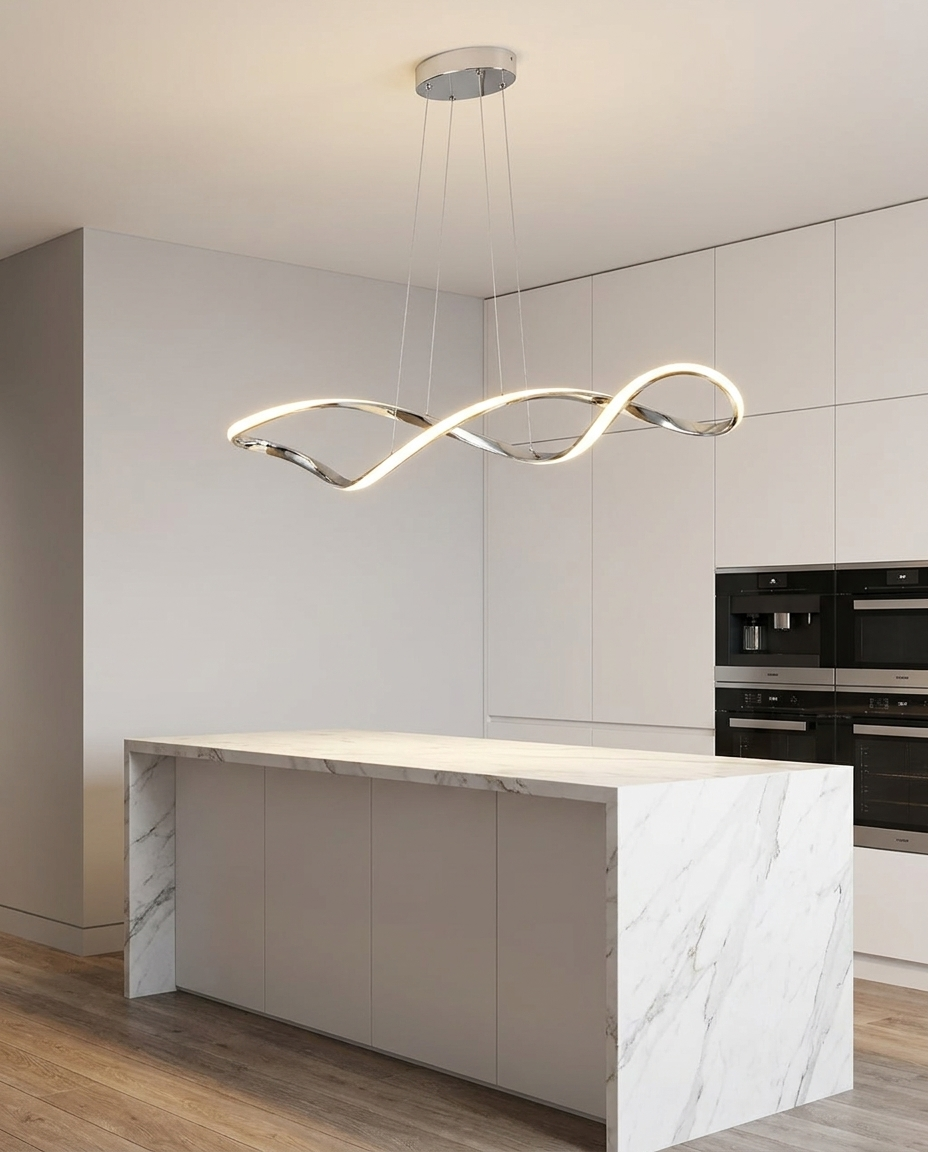 Novene silver waveform pendant over a minimalist kitchen island