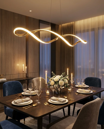 Novene gold waveform pendant over an elegant dining table