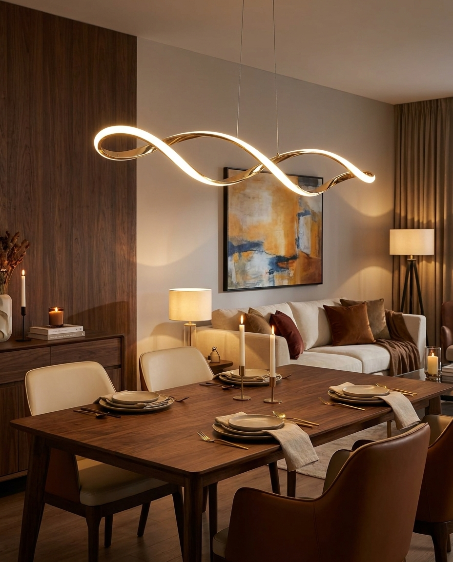 Novene gold waveform pendant over a stylish dining table