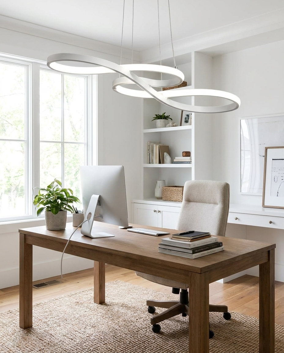 Lirelle white ribbon pendant over a home office desk