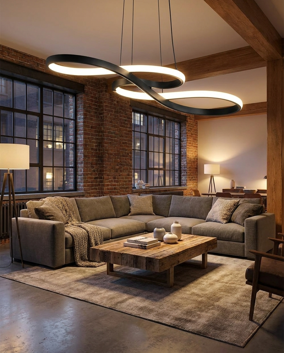 Lirelle black ribbon pendant over a living room lounge