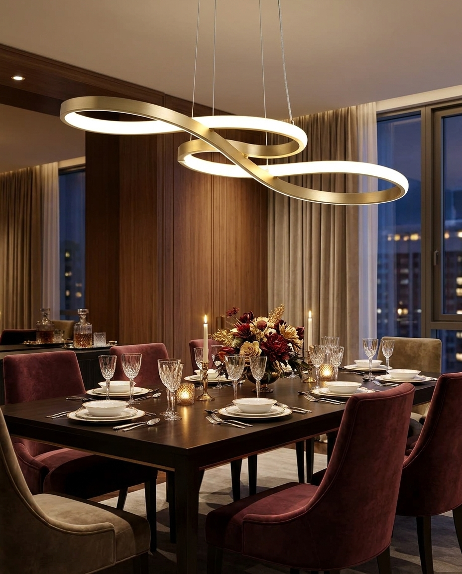 Lirelle gold ribbon pendant over an elegant dining table