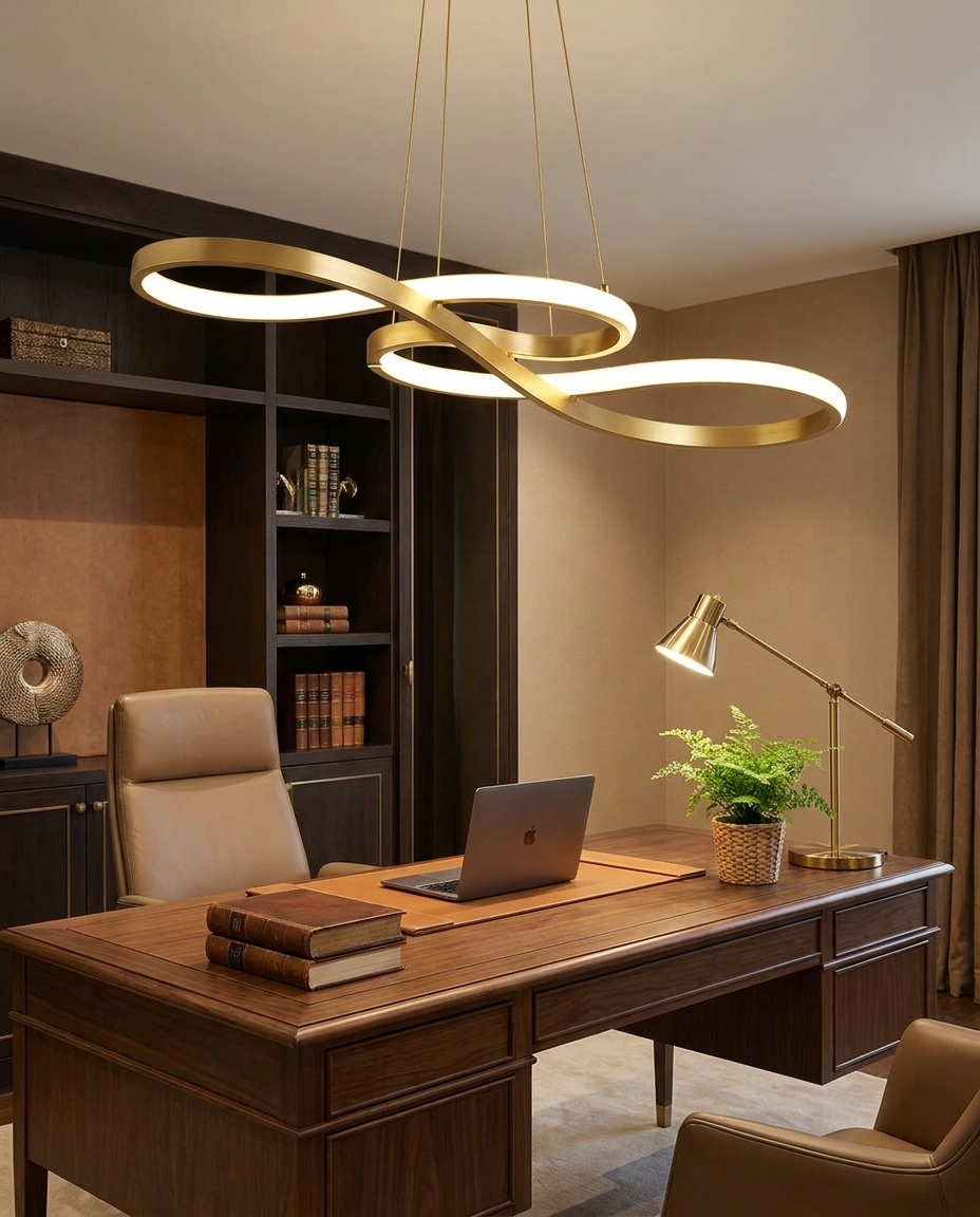 Lirelle gold ribbon pendant over a home office desk