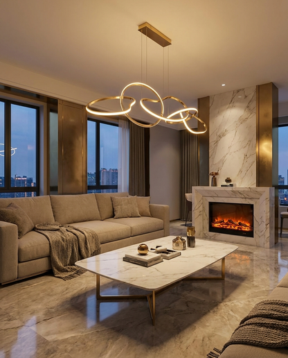 Halcyra gold circle chandelier in a modern living room