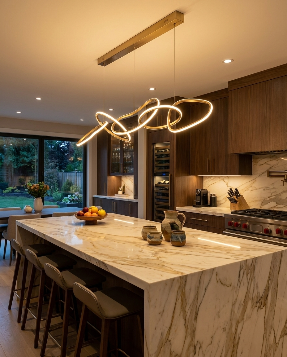 Halcyra gold circle chandelier over a luxury kitchen island