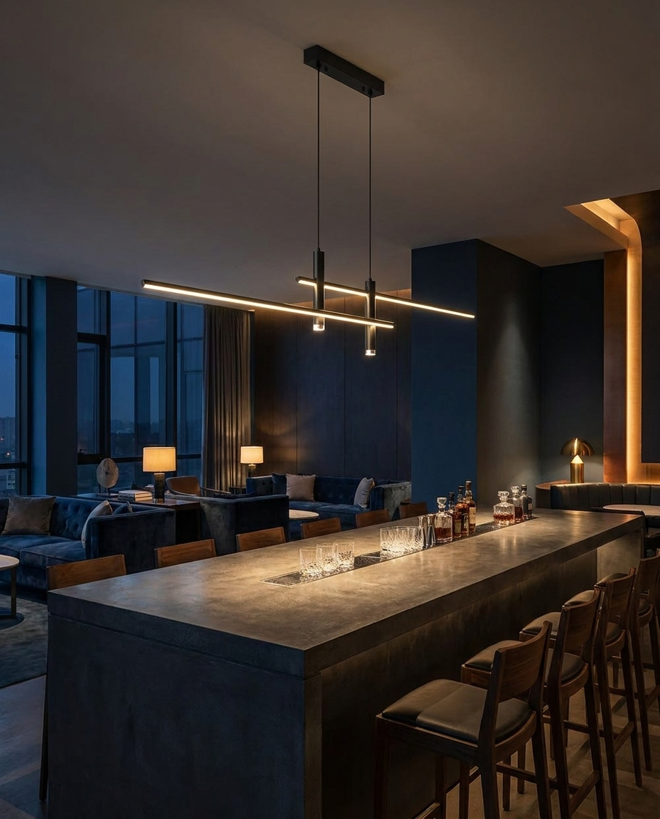 Belisse black linear chandelier over a bar counter