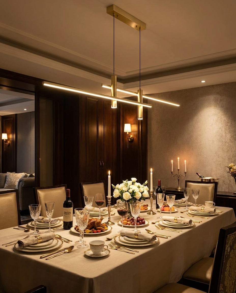 Belisse gold linear chandelier over a formal dining table