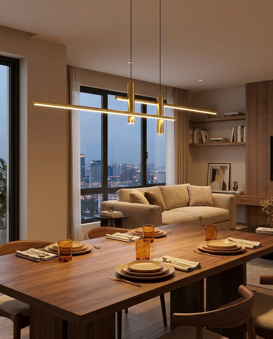 Belisse gold linear chandelier over a dining table in an open living space