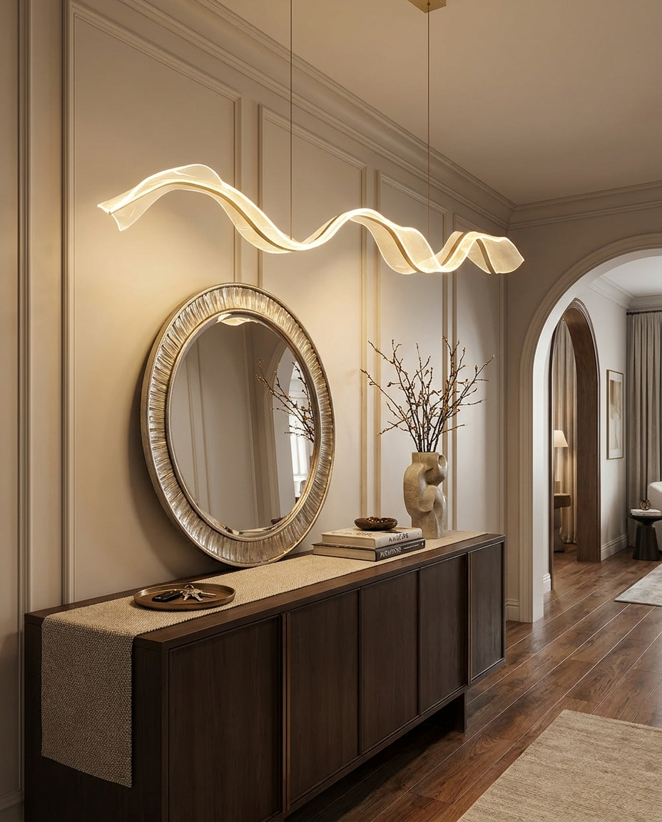 Cirelle gold ribbon wave pendant in an upscale entryway