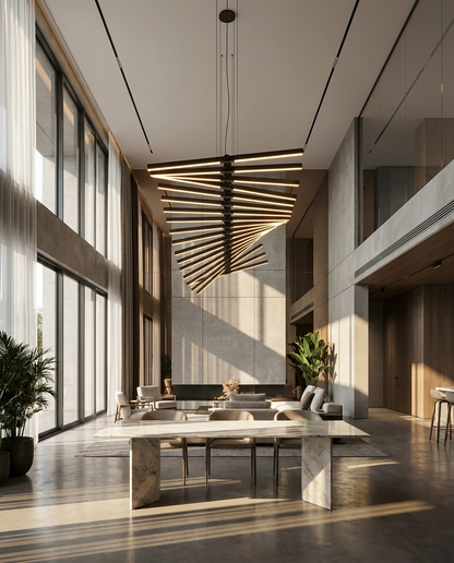 Nyxara black fishbone pendant in a spacious hall