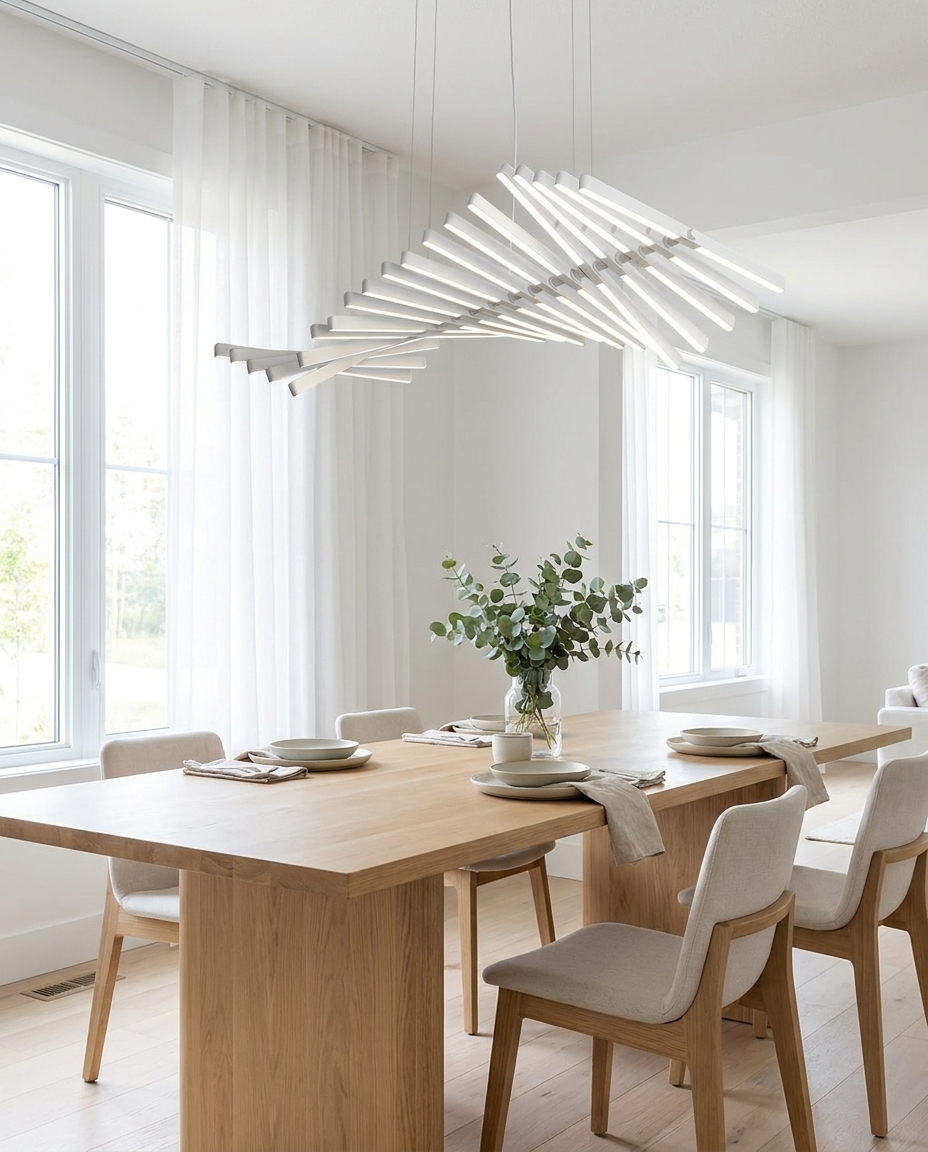 Nyxara white fishbone pendant over a Scandinavian dining table