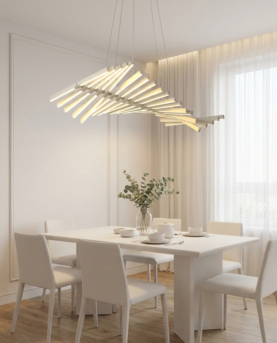 Nyxara white fishbone pendant over a minimalist dining table