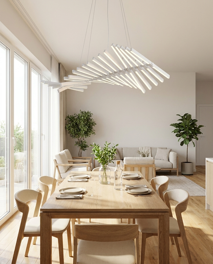 Nyxara white fishbone pendant over a dining table in an open living space