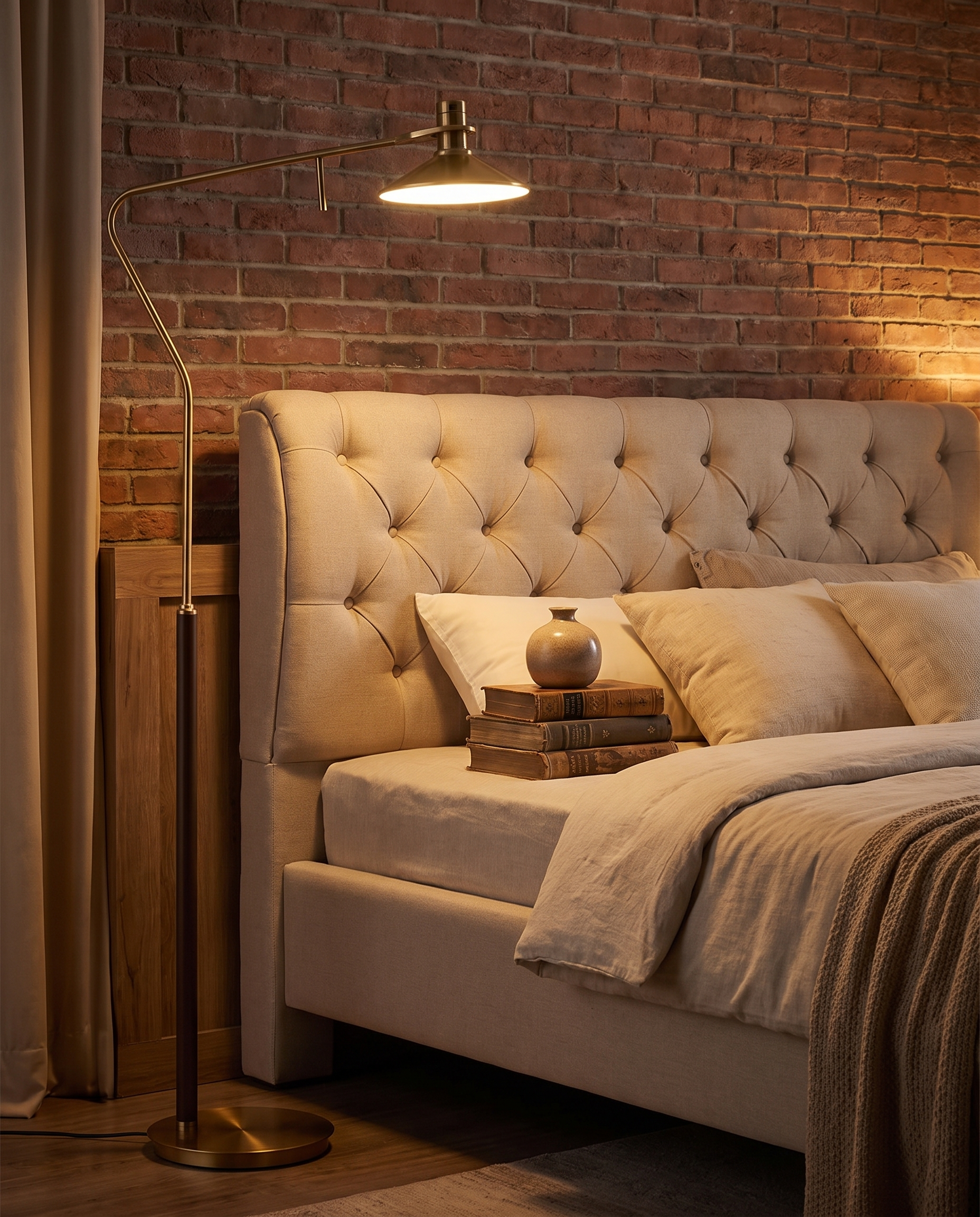 Vintage gold floor lamp beside a bed in a warm traditional bedroom