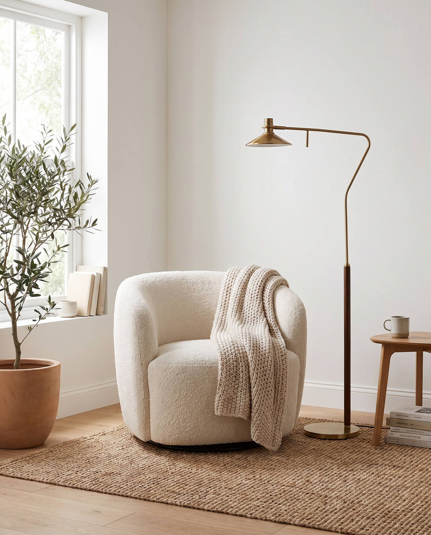 Vintage gold floor lamp in a bright Scandinavian reading nook