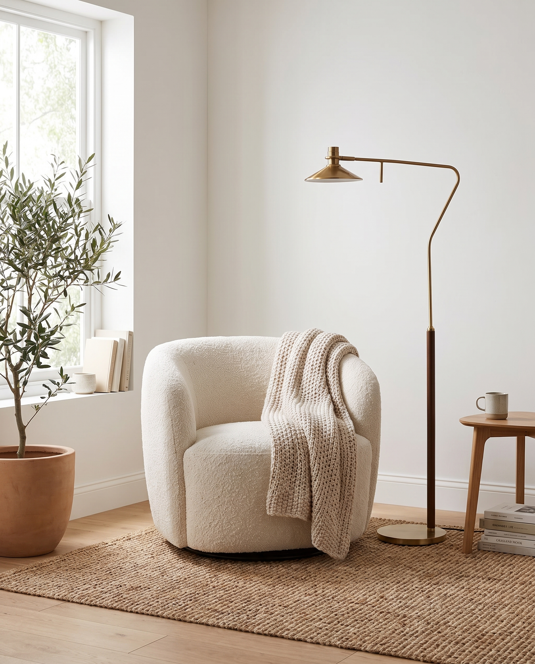 Vintage gold floor lamp in a bright Scandinavian reading nook