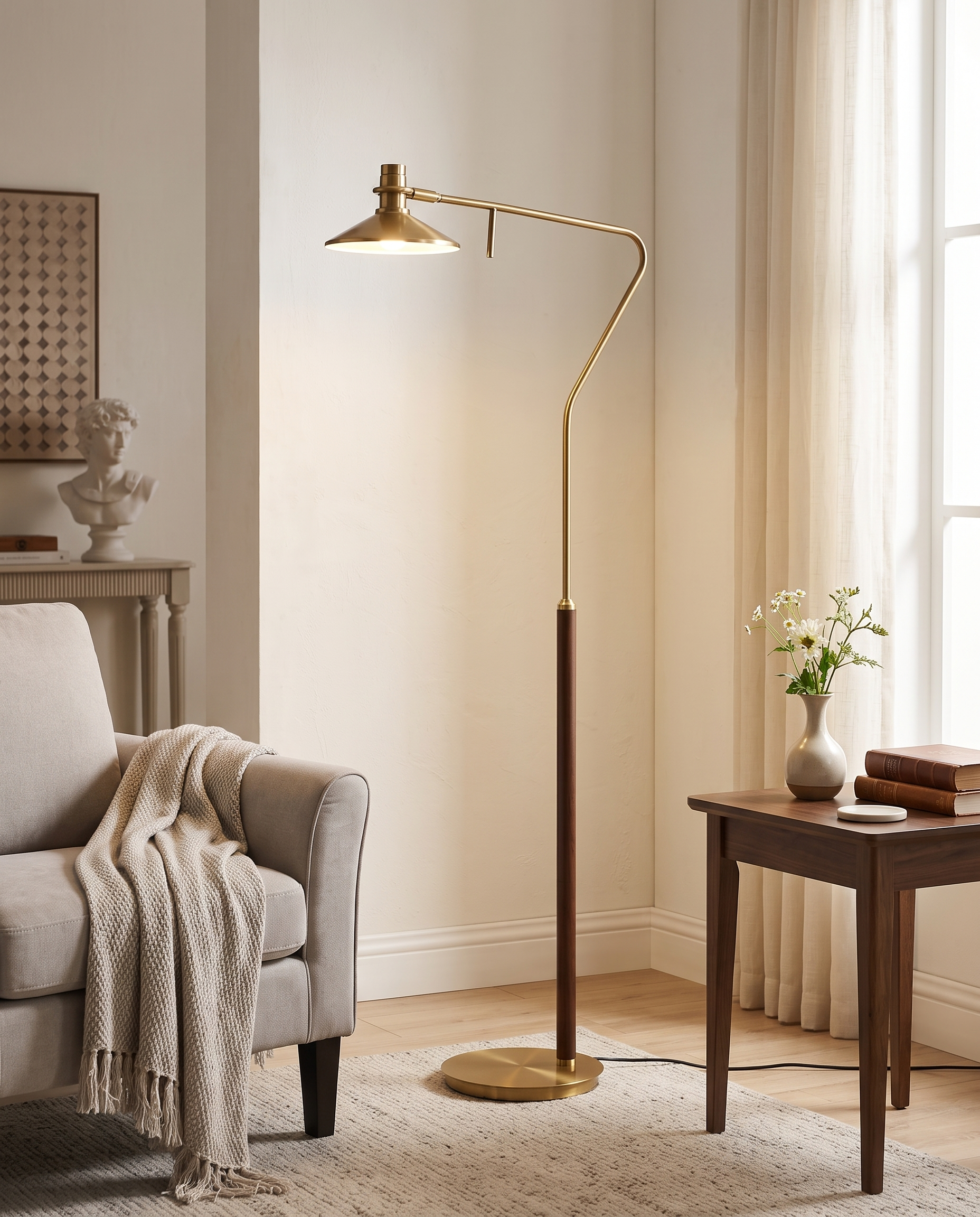 Vintage gold floor lamp in an elegant transitional living room