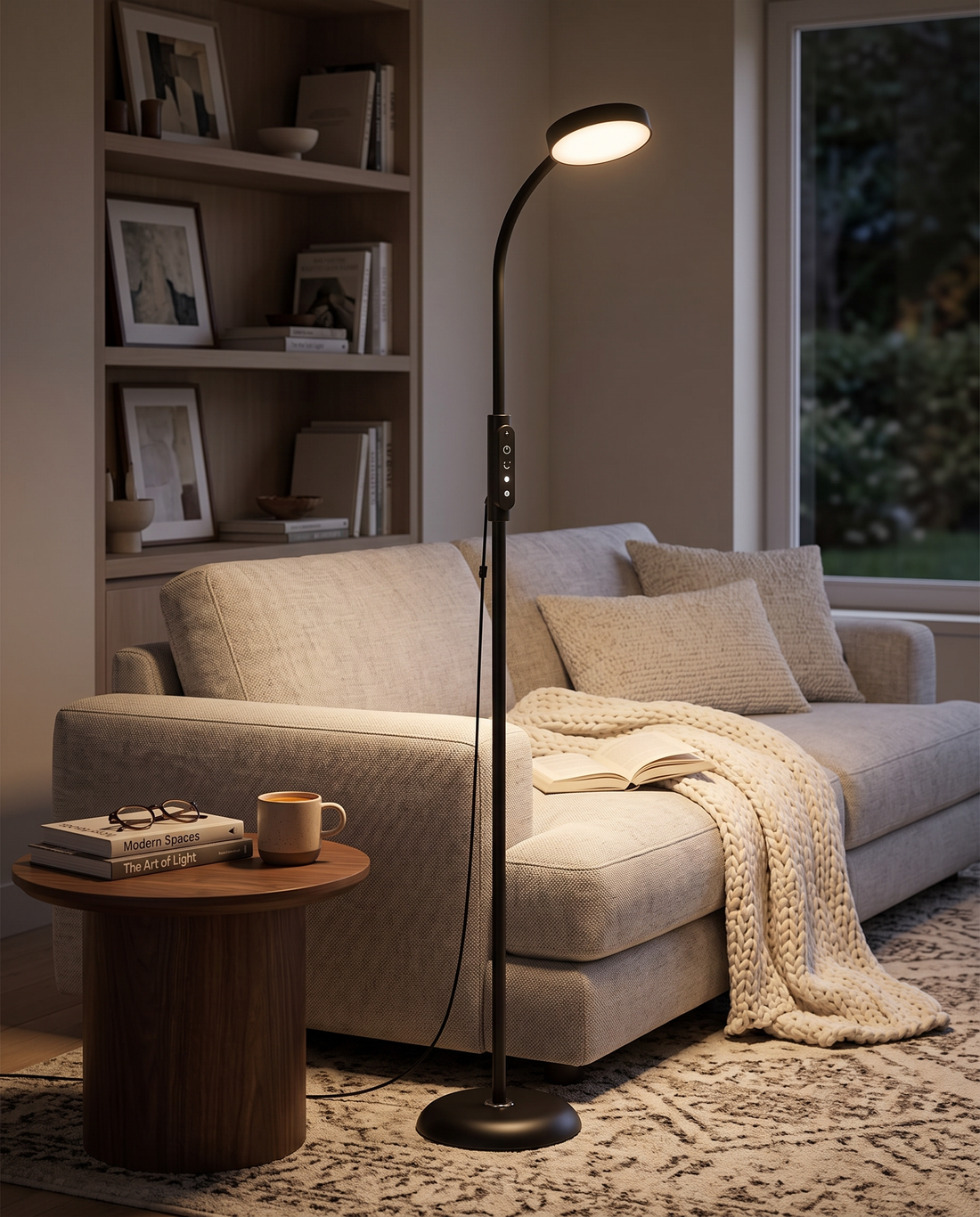 Black LED reading floor lamp in a cozy modern living room