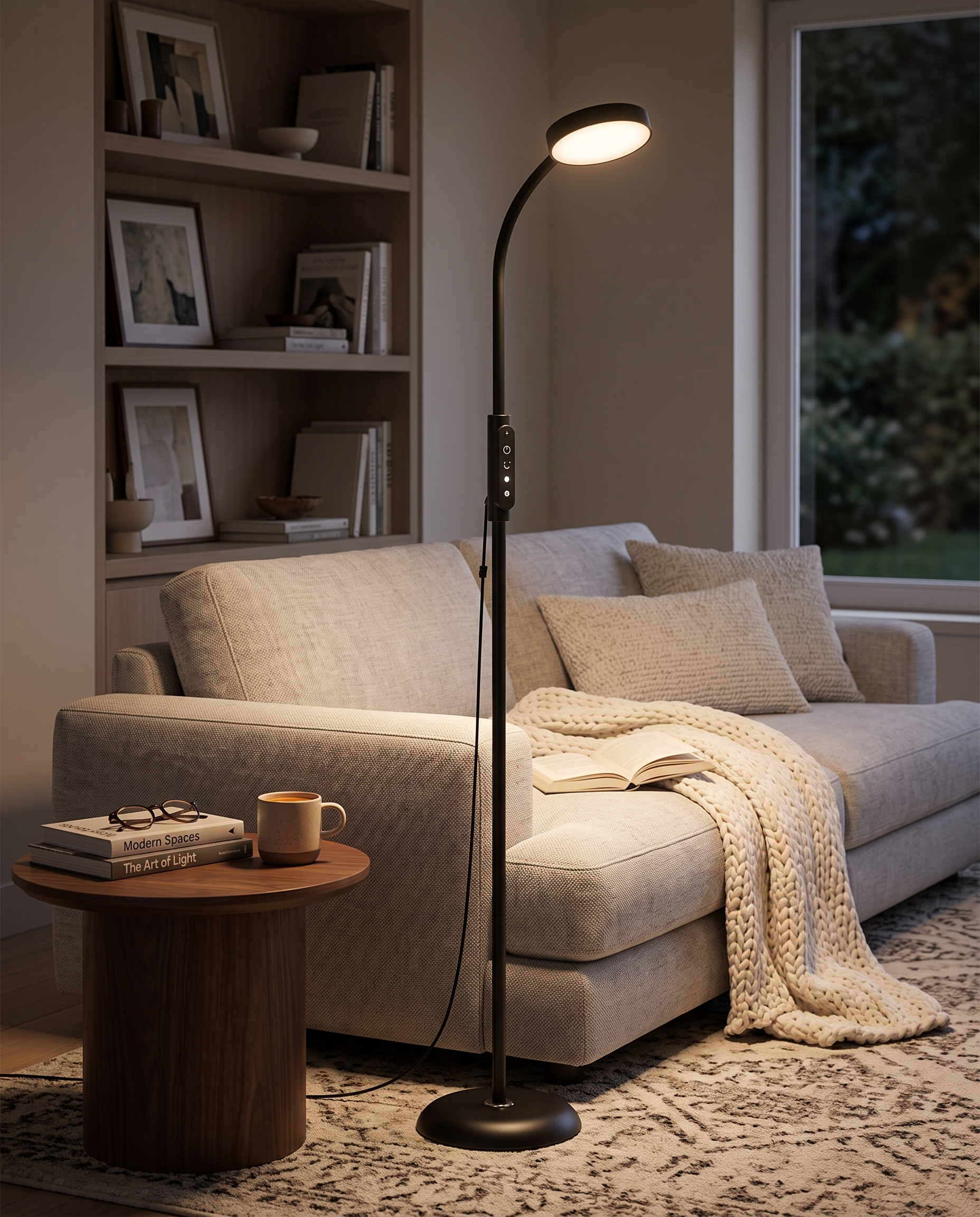 Black LED reading floor lamp in a cozy modern living room