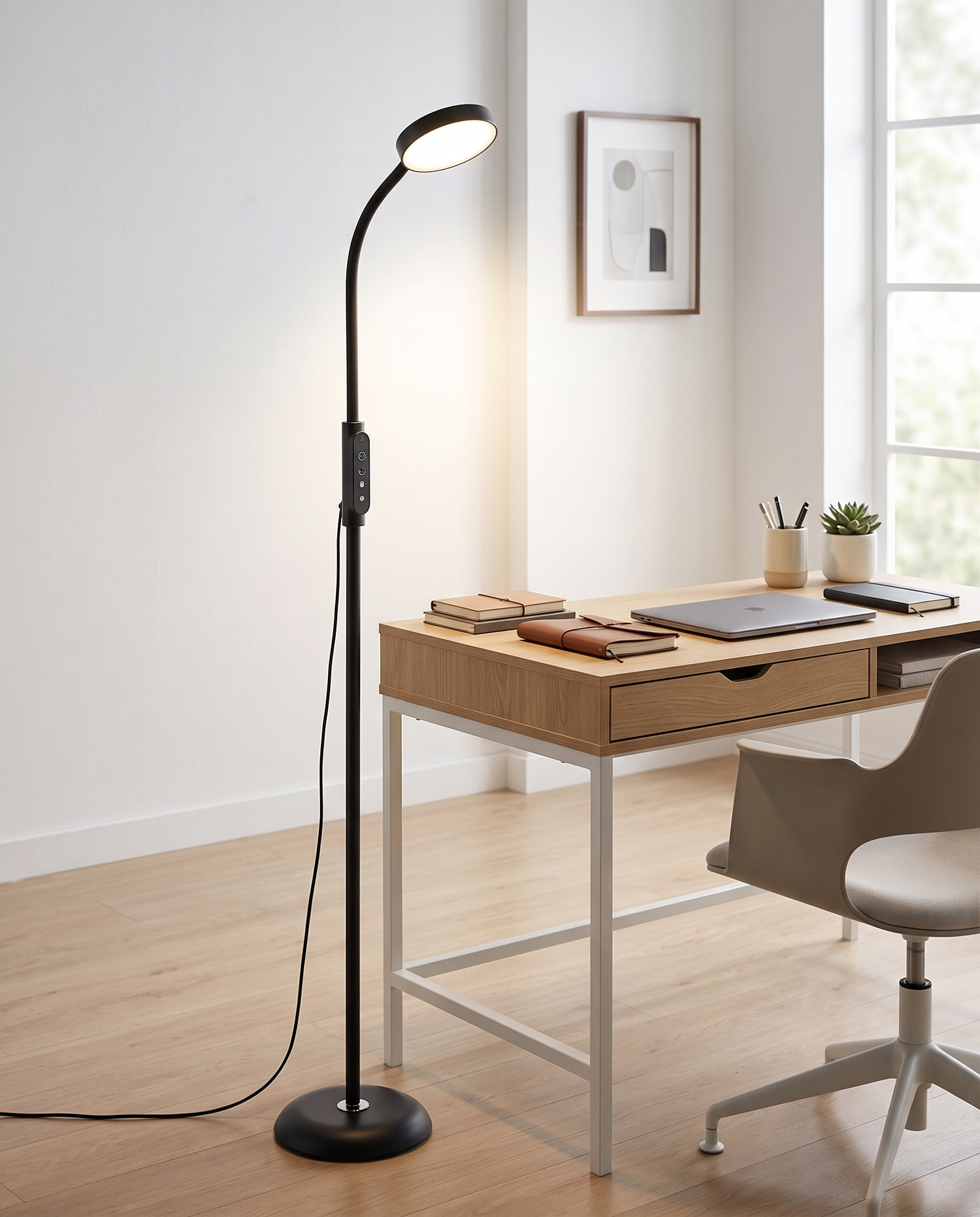 Black LED reading floor lamp in a minimalist home office