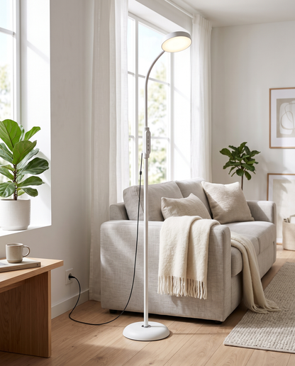 White LED reading floor lamp in a bright Scandinavian living room