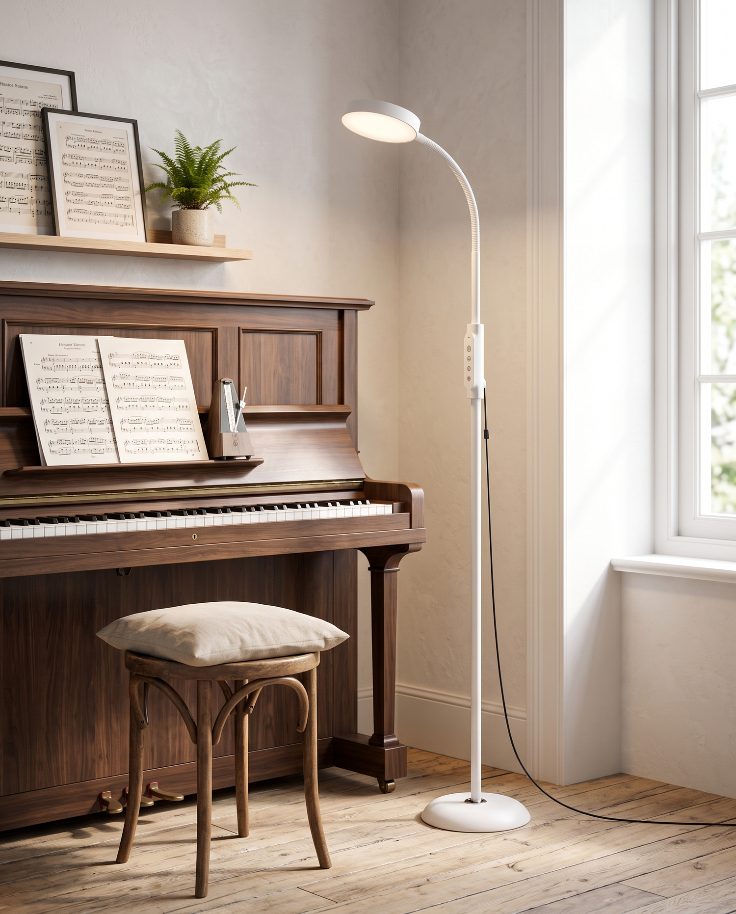 White LED reading floor lamp beside a piano