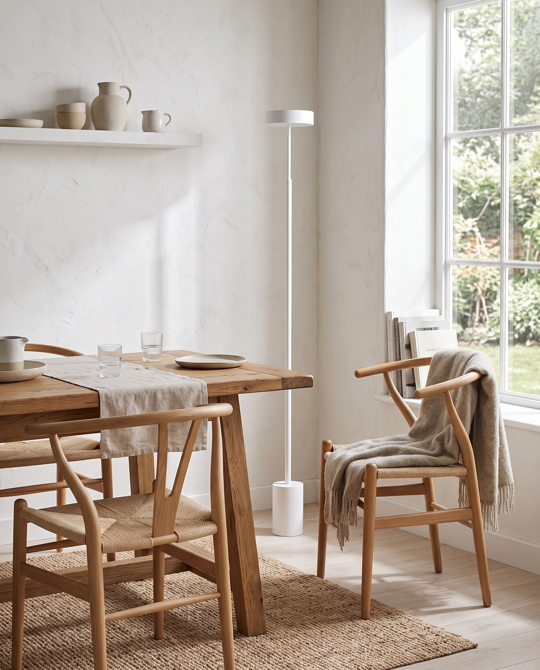 White petite floor lamp in a bright dining nook