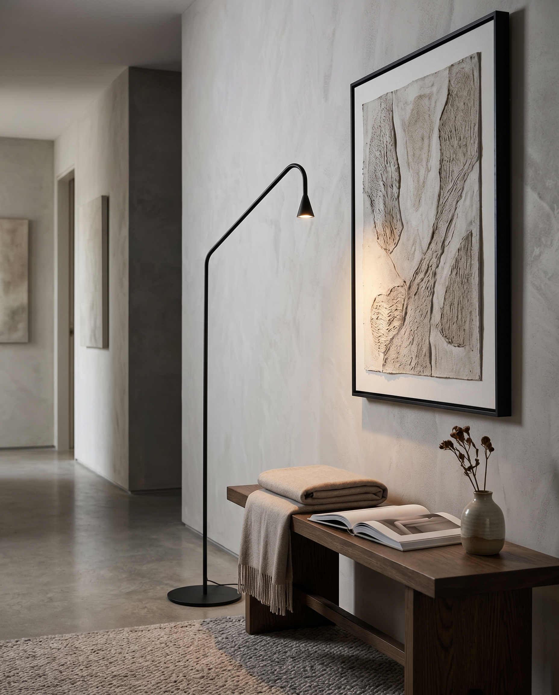 Black arc floor lamp in a hallway corridor