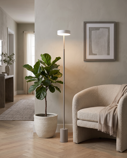 Gray petite floor lamp in a hallway reading nook