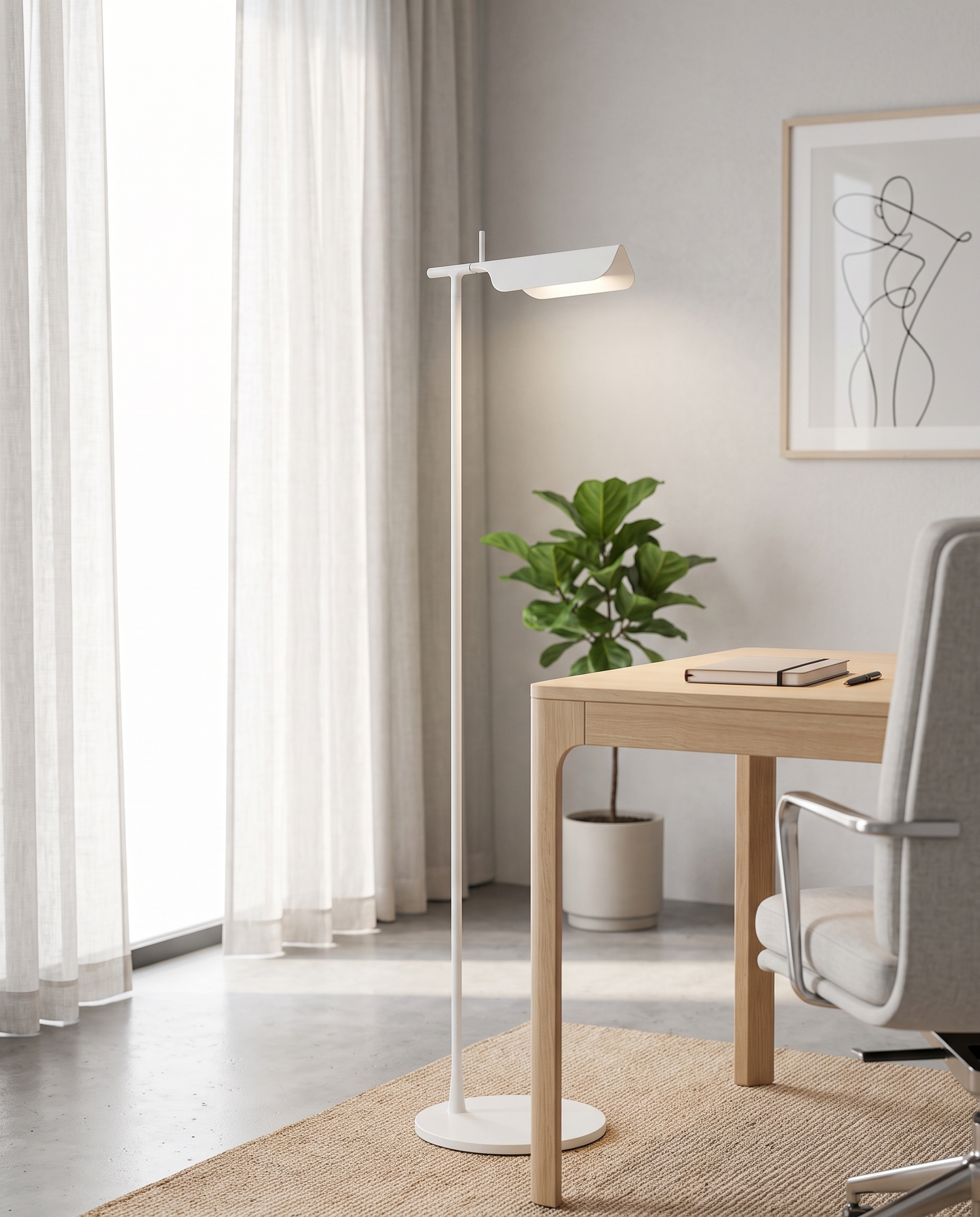 White Halden floor lamp in a bright home office