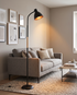 Black Alder wood arc floor lamp in a modern living room