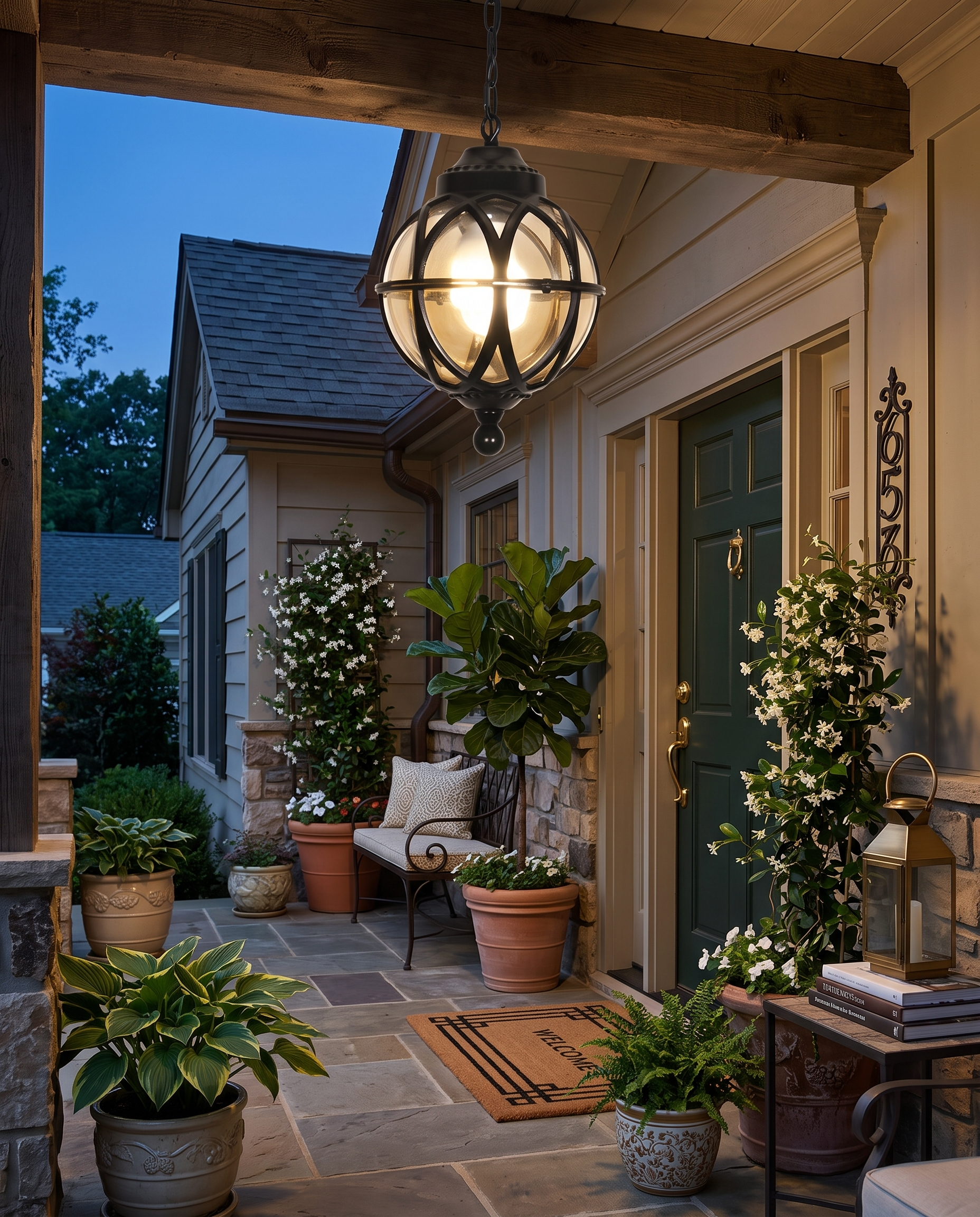 Black orb pendant light on a covered porch