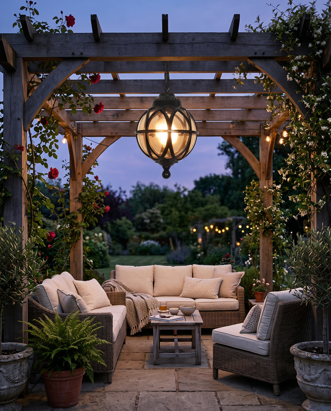 Black orb pendant light under a pergola
