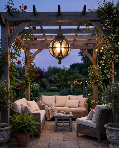 Black orb pendant light under a pergola