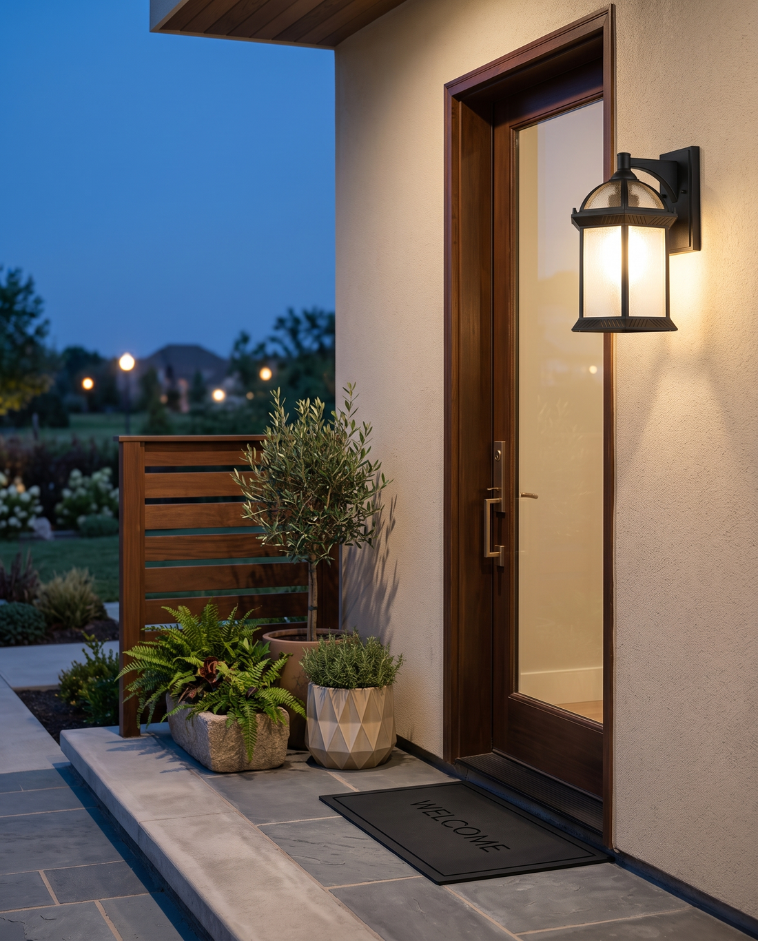 Wall-mount black patio sconce beside a front door