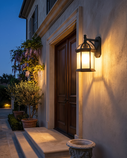 Wall-mount black patio sconce on a villa facade