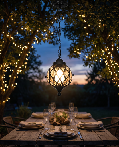 Black globe pendant light over a backyard dining table