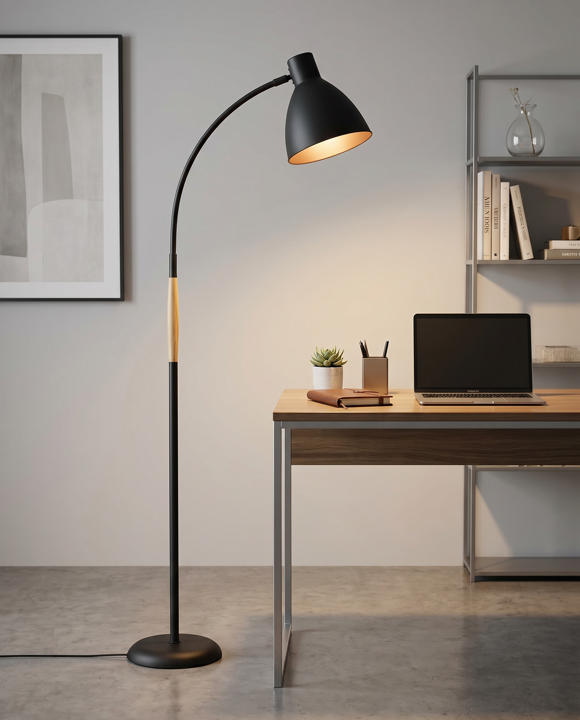 Black Alder wood arc floor lamp in a home office
