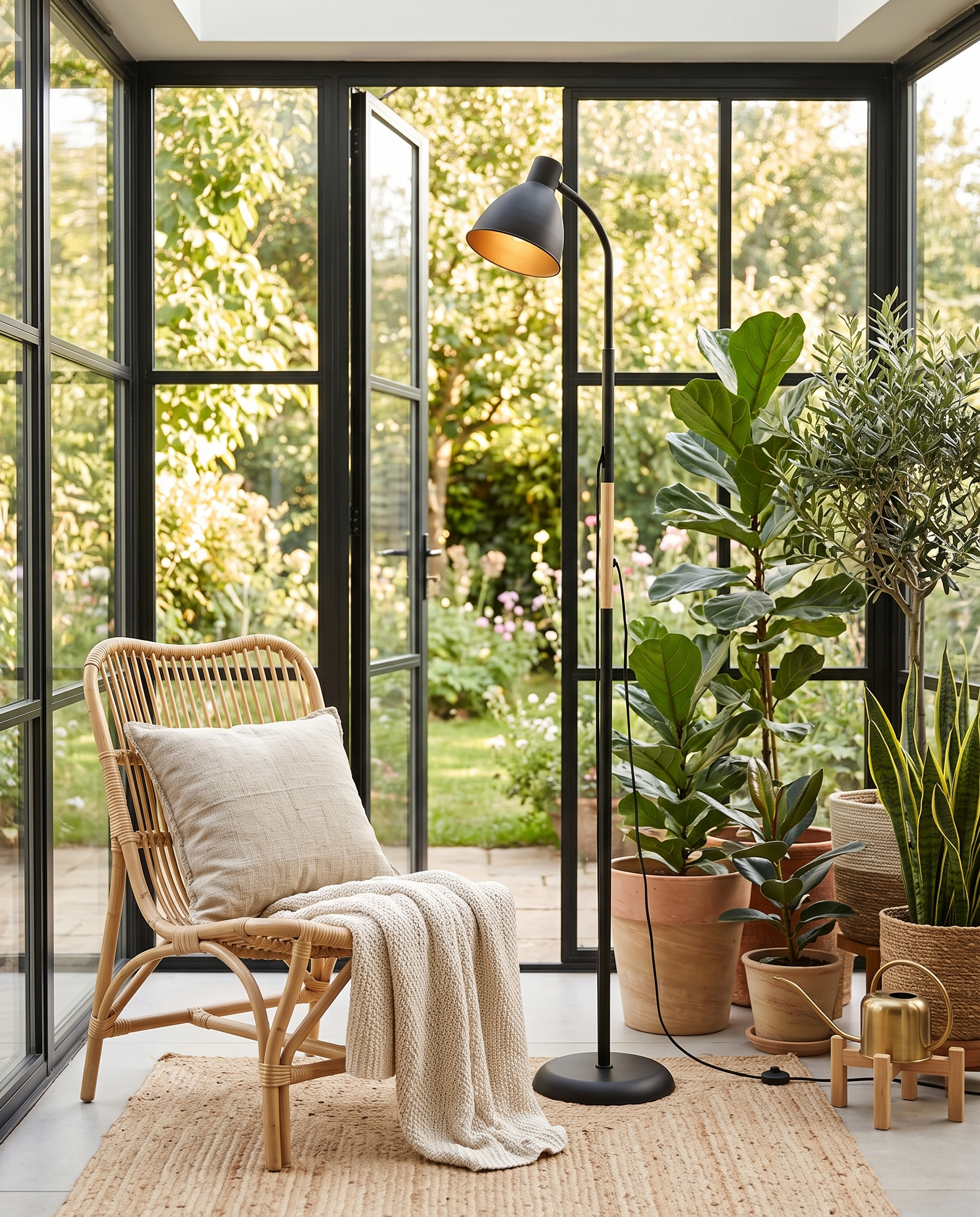 Black Alder wood arc floor lamp in a sunroom