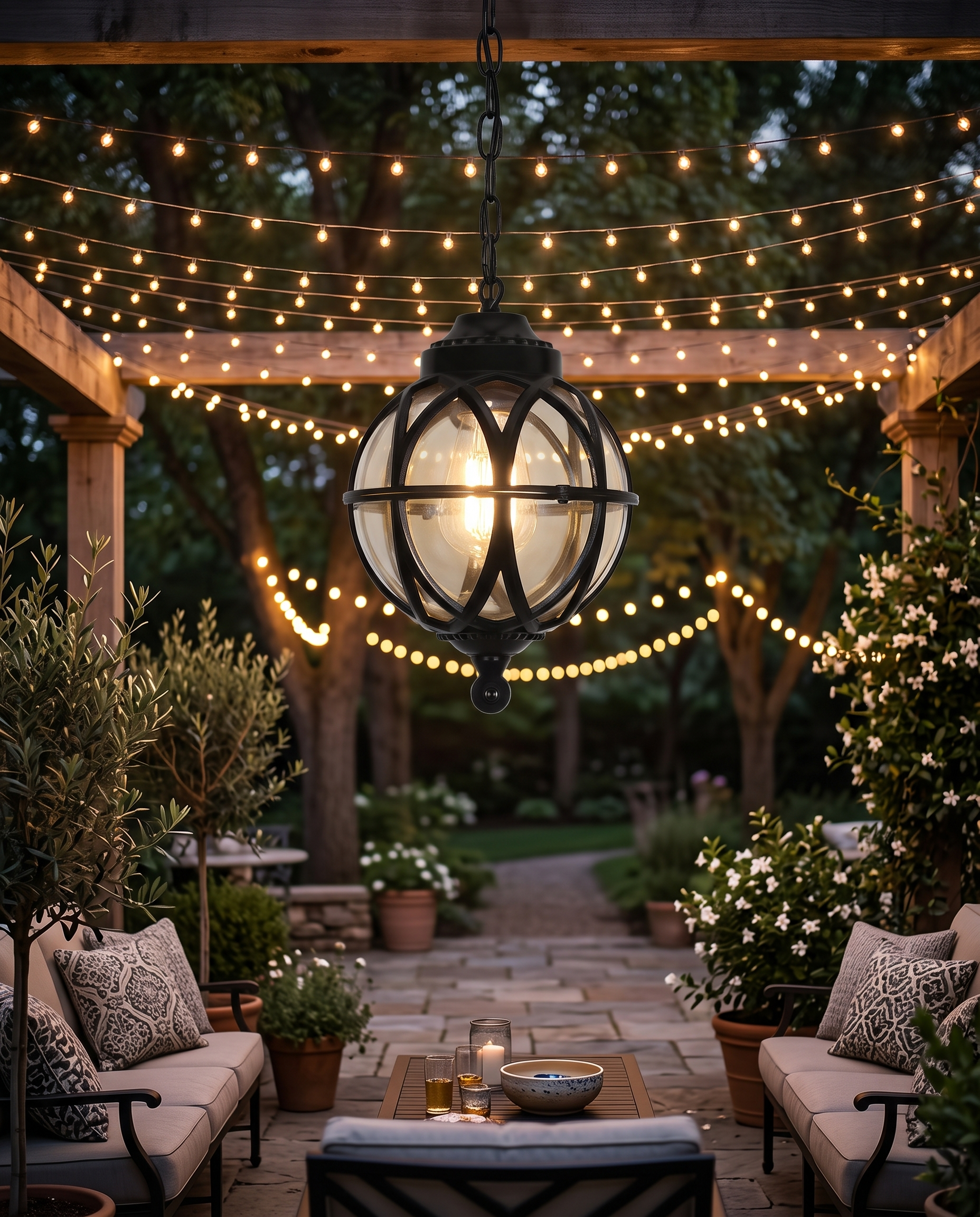 Black orb pendant light over a fairy-lit backyard patio