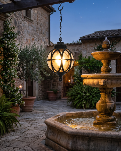 Black orb pendant light in a stone courtyard